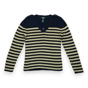 Lauren Ralph Lauren Womens Navy Gold Metallic V Neck Striped Pullover‎ Sweater L